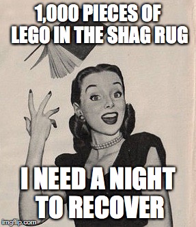 Throwing book vintage woman | 1,000 PIECES OF LEGO IN THE SHAG RUG; I NEED A NIGHT TO RECOVER | image tagged in throwing book vintage woman | made w/ Imgflip meme maker