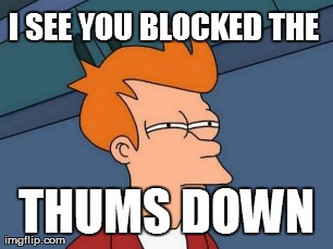 Futurama Fry Meme | I SEE YOU BLOCKED THE  THUMS DOWN | image tagged in memes,futurama fry | made w/ Imgflip meme maker