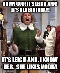 Buddy The Elf | OH MY GOD! IT'S LEIGH-ANN! IT'S HER BIRTHDAY! IT'S LEIGH-ANN. I KNOW HER.  SHE LIKES VODKA | image tagged in buddy the elf | made w/ Imgflip meme maker