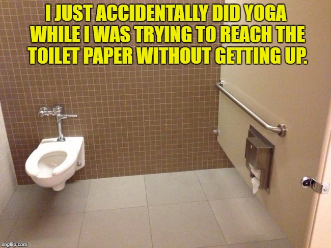 I JUST ACCIDENTALLY DID YOGA WHILE I WAS TRYING TO REACH THE TOILET PAPER WITHOUT GETTING UP. | image tagged in toilet,toilet humor,toilet paper,funny,funny memes,yoga | made w/ Imgflip meme maker