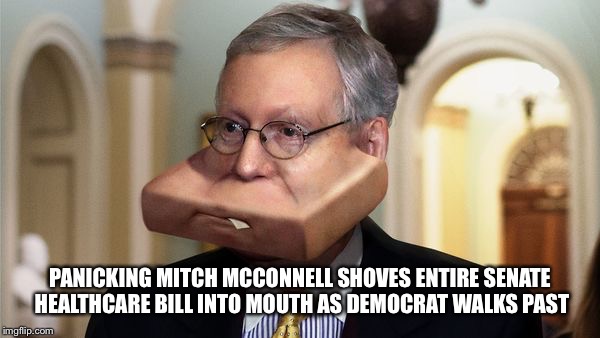 PANICKING MITCH MCCONNELL SHOVES ENTIRE SENATE HEALTHCARE BILL INTO MOUTH AS DEMOCRAT WALKS PAST | image tagged in turtle boy | made w/ Imgflip meme maker