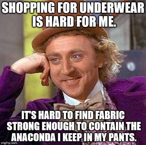 Creepy Condescending Wonka | SHOPPING FOR UNDERWEAR IS HARD FOR ME. IT'S HARD TO FIND FABRIC STRONG ENOUGH TO CONTAIN THE ANACONDA I KEEP IN MY PANTS. | image tagged in memes,creepy condescending wonka | made w/ Imgflip meme maker