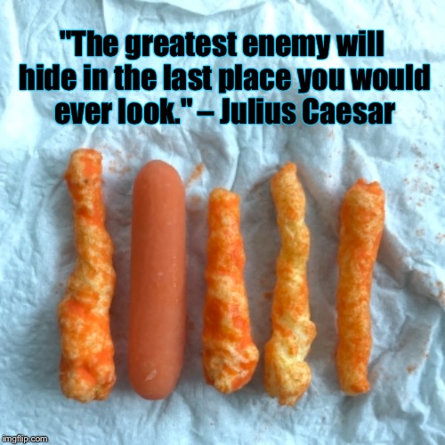 Lying in wait | "The greatest enemy will hide in the last place you would ever look."
– Julius Caesar | image tagged in quotes,dry humor,foods,snacks,camouflage | made w/ Imgflip meme maker