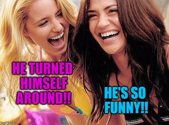 laughing | HE'S SO FUNNY!! HE TURNED HIMSELF AROUND!! | image tagged in laughing | made w/ Imgflip meme maker