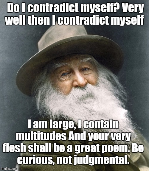 Do I contradict myself? Very well then I contradict myself; I am large, I contain multitudes
And your very flesh shall be a great poem.
Be curious, not judgmental. | image tagged in walt whitman | made w/ Imgflip meme maker