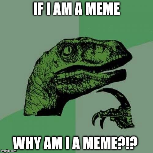 Philosoraptor | IF I AM A MEME; WHY AM I A MEME?!? | image tagged in memes,philosoraptor | made w/ Imgflip meme maker