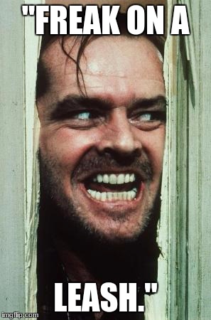 Here's Johnny | "FREAK ON A; LEASH." | image tagged in memes,heres johnny | made w/ Imgflip meme maker