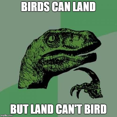 Philosoraptor Meme | BIRDS CAN LAND BUT LAND CAN'T BIRD | image tagged in memes,philosoraptor | made w/ Imgflip meme maker