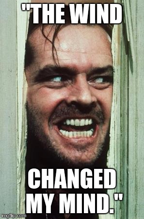 Here's Johnny | "THE WIND; CHANGED MY MIND." | image tagged in memes,heres johnny | made w/ Imgflip meme maker
