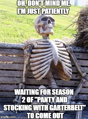 Waiting Skeleton | OH, DON'T MIND ME. I'M JUST PATIENTLY; WAITING FOR SEASON 2 OF "PANTY AND STOCKING WITH GARTERBELT"  TO COME OUT | image tagged in memes,waiting skeleton | made w/ Imgflip meme maker