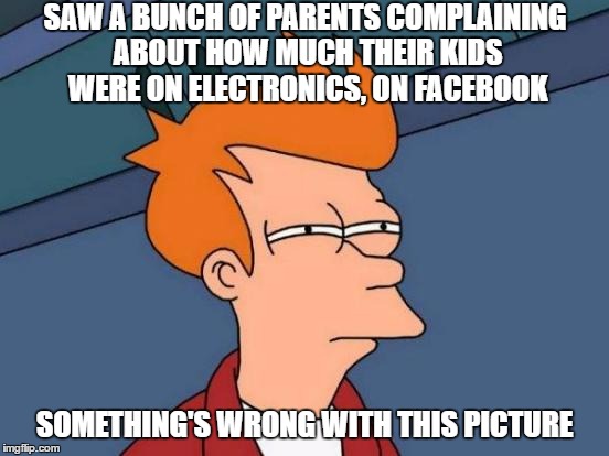 Hypocrisy I tell you!!  | SAW A BUNCH OF PARENTS COMPLAINING ABOUT HOW MUCH THEIR KIDS WERE ON ELECTRONICS, ON FACEBOOK; SOMETHING'S WRONG WITH THIS PICTURE | image tagged in memes,futurama fry,shitty,double standard | made w/ Imgflip meme maker