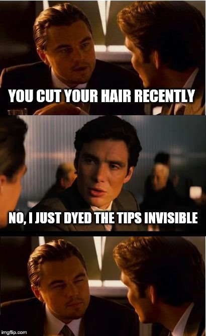 Inception | YOU CUT YOUR HAIR RECENTLY; NO, I JUST DYED THE TIPS INVISIBLE | image tagged in memes,inception | made w/ Imgflip meme maker