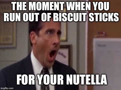 THE MOMENT WHEN YOU RUN OUT OF BISCUIT STICKS; FOR YOUR NUTELLA | image tagged in no,nutella,memes | made w/ Imgflip meme maker
