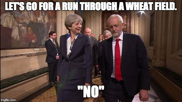 LET'S GO FOR A RUN THROUGH A WHEAT FIELD. "NO" | image tagged in may and corbyn | made w/ Imgflip meme maker