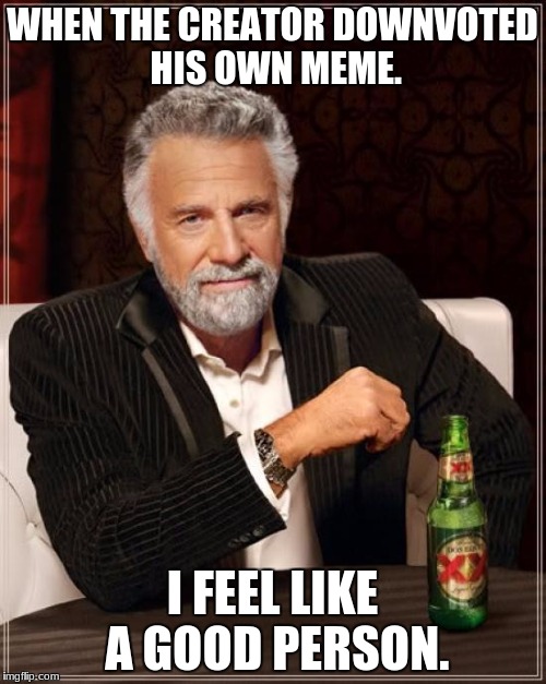 WHEN THE CREATOR DOWNVOTED HIS OWN MEME. I FEEL LIKE A GOOD PERSON. | image tagged in memes,the most interesting man in the world | made w/ Imgflip meme maker