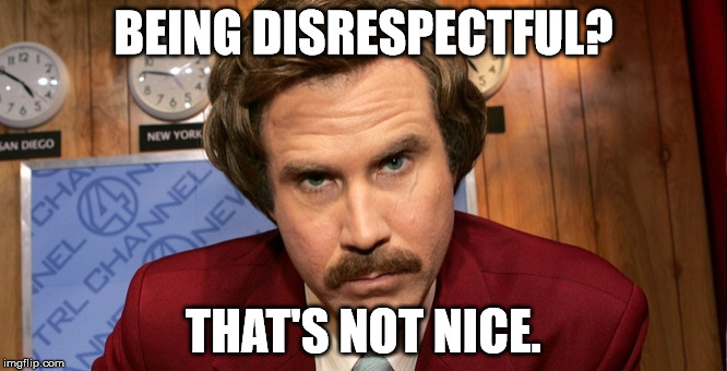 BEING DISRESPECTFUL? THAT'S NOT NICE. | image tagged in ron burgundy,respect | made w/ Imgflip meme maker