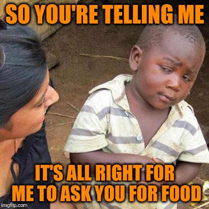 Third World Skeptical Kid Meme | SO YOU'RE TELLING ME IT'S ALL RIGHT FOR ME TO ASK YOU FOR FOOD | image tagged in memes,third world skeptical kid | made w/ Imgflip meme maker