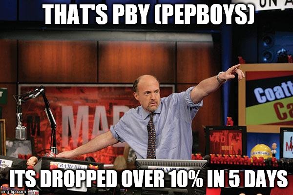 Mad Money Jim Cramer Meme | THAT'S PBY (PEPBOYS); ITS DROPPED OVER 10% IN 5 DAYS | image tagged in memes,mad money jim cramer,pep boys dothan al,pep boys dothan alabama,pep boys | made w/ Imgflip meme maker