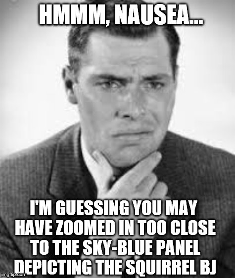 HMMM, NAUSEA... I'M GUESSING YOU MAY HAVE ZOOMED IN TOO CLOSE TO THE SKY-BLUE PANEL DEPICTING THE SQUIRREL BJ | made w/ Imgflip meme maker