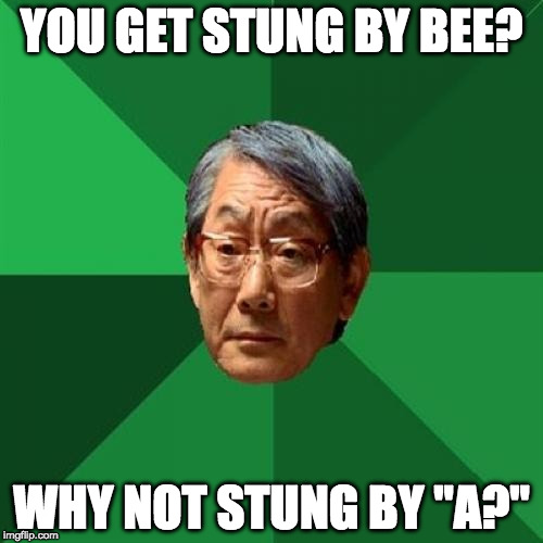 Unacceptable!!  | YOU GET STUNG BY BEE? WHY NOT STUNG BY "A?" | image tagged in high expectation asian dad,bee,a,asian dad | made w/ Imgflip meme maker