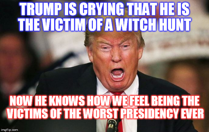 TRUMP IS CRYING THAT HE IS THE VICTIM OF A WITCH HUNT; NOW HE KNOWS HOW WE FEEL BEING THE VICTIMS OF THE WORST PRESIDENCY EVER | image tagged in donald trump,witch hunt | made w/ Imgflip meme maker