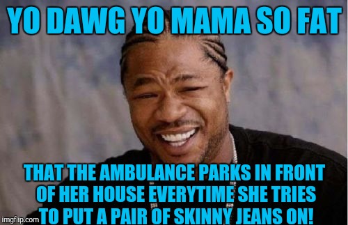 Yo Dawg Heard You Meme | YO DAWG YO MAMA SO FAT; THAT THE AMBULANCE PARKS IN FRONT OF HER HOUSE EVERYTIME SHE TRIES TO PUT A PAIR OF SKINNY JEANS ON! | image tagged in memes,yo dawg heard you | made w/ Imgflip meme maker