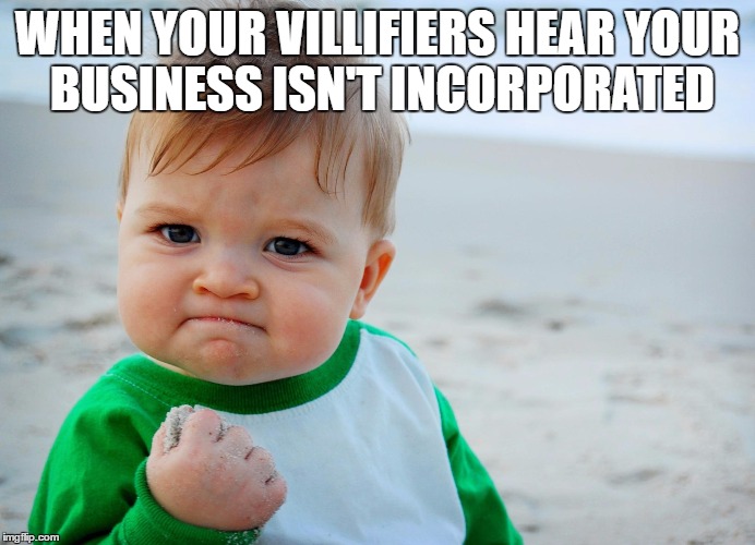 bad | WHEN YOUR VILLIFIERS HEAR YOUR BUSINESS ISN'T INCORPORATED | image tagged in i too like to live dangerously | made w/ Imgflip meme maker