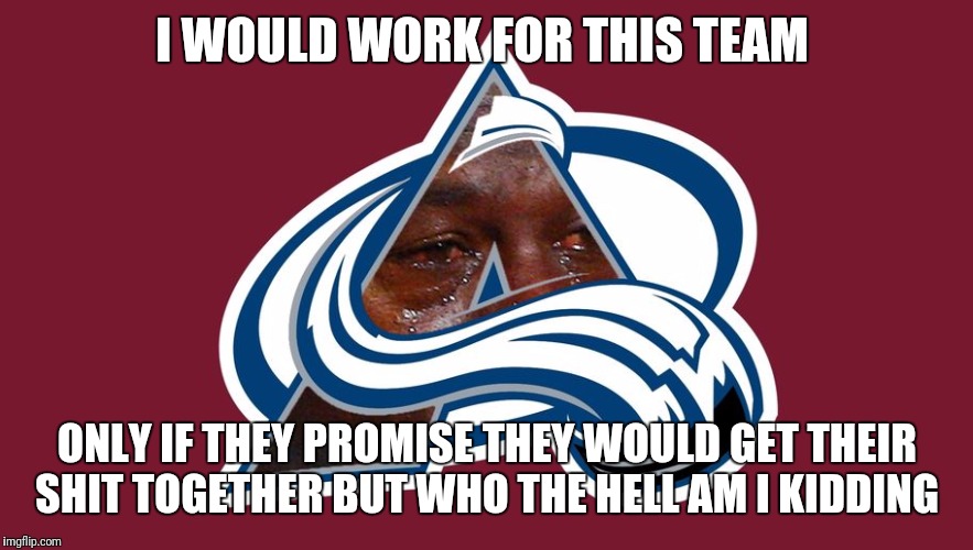 Colorado Avalanche | I WOULD WORK FOR THIS TEAM; ONLY IF THEY PROMISE THEY WOULD GET THEIR SHIT TOGETHER BUT WHO THE HELL AM I KIDDING | image tagged in colorado avalanche | made w/ Imgflip meme maker