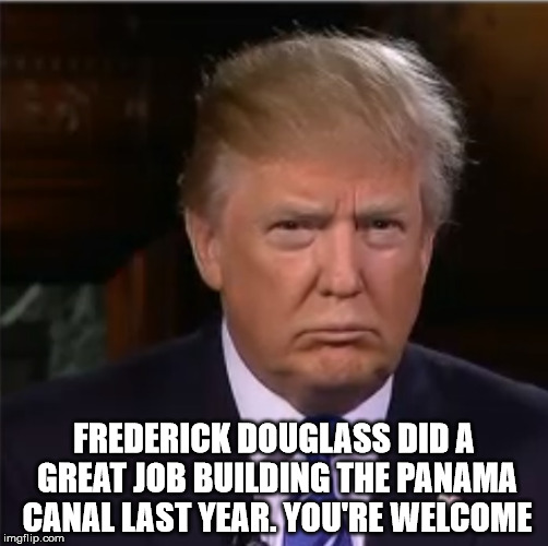 Donald Trump sulk | FREDERICK DOUGLASS DID A GREAT JOB BUILDING THE PANAMA CANAL LAST YEAR. YOU'RE WELCOME | image tagged in donald trump sulk | made w/ Imgflip meme maker