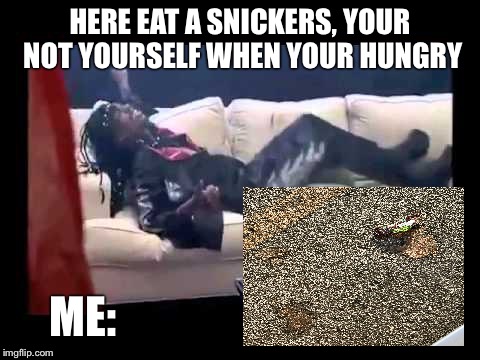 Chapelle  | HERE EAT A SNICKERS, YOUR NOT YOURSELF WHEN YOUR HUNGRY; ME: | image tagged in snickers | made w/ Imgflip meme maker