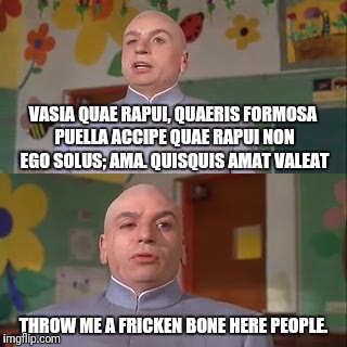 VASIA QUAE RAPUI, QUAERIS FORMOSA PUELLA ACCIPE QUAE RAPUI NON EGO SOLUS; AMA. QUISQUIS AMAT VALEAT THROW ME A FRICKEN BONE HERE PEOPLE. | made w/ Imgflip meme maker