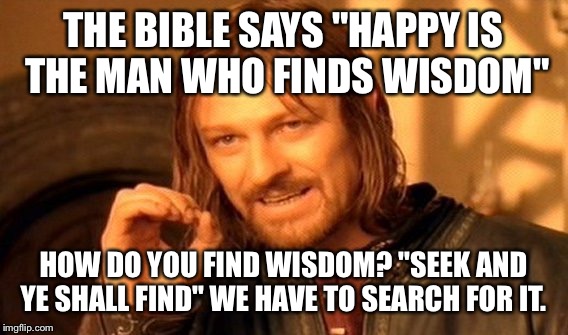 One Does Not Simply | THE BIBLE SAYS "HAPPY IS THE MAN WHO FINDS WISDOM"; HOW DO YOU FIND WISDOM? "SEEK AND YE SHALL FIND" WE HAVE TO SEARCH FOR IT. | image tagged in memes,one does not simply | made w/ Imgflip meme maker