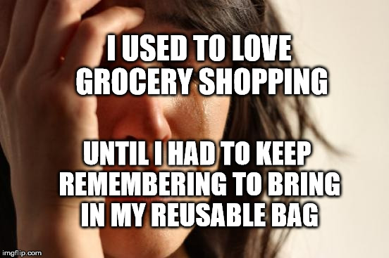 First World Problems Meme | I USED TO LOVE GROCERY SHOPPING; UNTIL I HAD TO KEEP REMEMBERING TO BRING IN MY REUSABLE BAG | image tagged in memes,first world problems | made w/ Imgflip meme maker