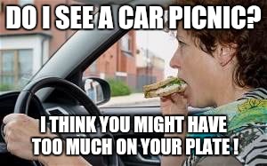 Signs your life may be too busy | DO I SEE A CAR PICNIC? I THINK YOU MIGHT HAVE TOO MUCH ON YOUR PLATE ! | image tagged in stressed,play on words,funny memes,chill,relaxation,don't text and drive | made w/ Imgflip meme maker