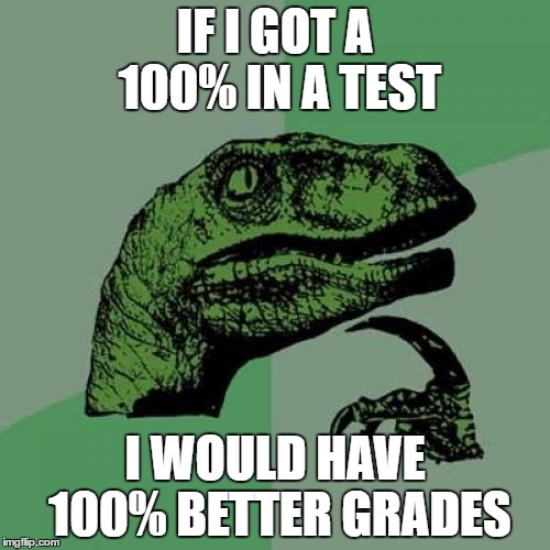 Philosoraptor Meme | IF I GOT A 100% IN A TEST; I WOULD HAVE 100% BETTER GRADES | image tagged in memes,philosoraptor | made w/ Imgflip meme maker