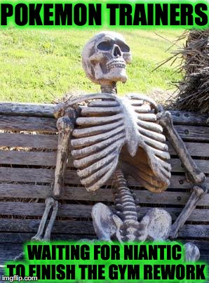 Waiting Skeleton Meme | POKEMON TRAINERS; WAITING FOR NIANTIC TO FINISH THE GYM REWORK | image tagged in memes,waiting skeleton | made w/ Imgflip meme maker