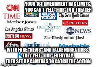 Tools of the left | YOUR 1ST AMENDMENT HAS LIMITS. YOU CAN'T YELL "FIRE" IN A THEATER; WITH FAKE "NEWS" AND FALSE NARRATIVES, THEY YELL "FIRE" EVERYDAY, THEN SET UP CAMERAS TO CATCH THE ACTION | image tagged in fake news | made w/ Imgflip meme maker