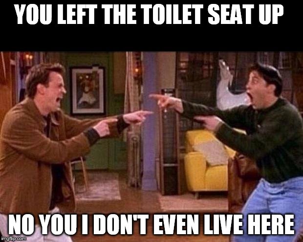 friends | YOU LEFT THE TOILET SEAT UP; NO YOU I DON'T EVEN LIVE HERE | image tagged in friends | made w/ Imgflip meme maker