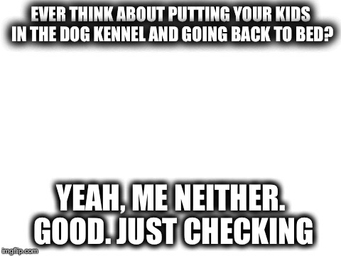 Blank White Template | EVER THINK ABOUT PUTTING YOUR KIDS IN THE DOG KENNEL AND GOING BACK TO BED? YEAH, ME NEITHER. GOOD. JUST CHECKING | image tagged in blank white template | made w/ Imgflip meme maker