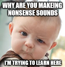 Talking like a baby to a baby | WHY ARE YOU MAKEING NONSENSE SOUNDS; I'M TRYING TO LEARN HERE | image tagged in memes,skeptical baby,stupid,learn | made w/ Imgflip meme maker