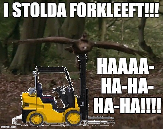 When we're short of usable forklifts at work, and I see one unattended... | HAAAA- HA-HA- HA-HA!!!! I STOLDA FORKLEEFT!!! | image tagged in memes,willow,brownies,forklift,i stole the baby | made w/ Imgflip meme maker