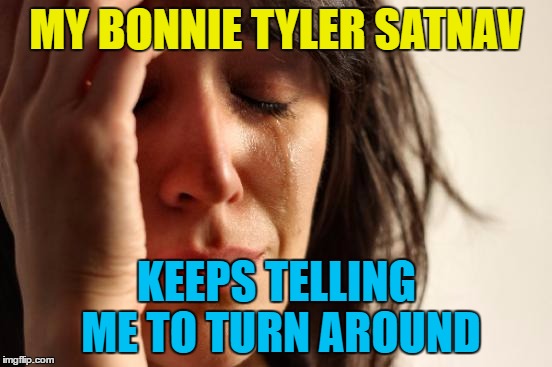 It's a total pain in the ass... :) | MY BONNIE TYLER SATNAV; KEEPS TELLING ME TO TURN AROUND | image tagged in memes,first world problems,satnav,bonnie tyler,music,technology | made w/ Imgflip meme maker