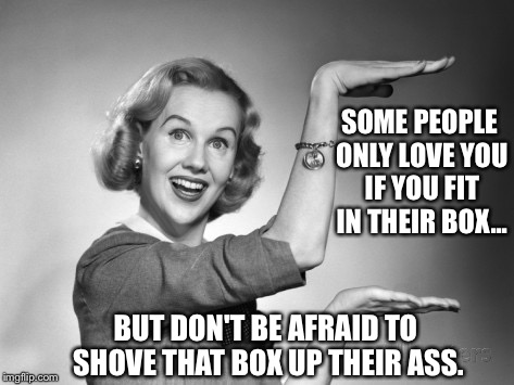 Be YOU--Tiful... | SOME PEOPLE ONLY LOVE YOU IF YOU FIT IN THEIR BOX... BUT DON'T BE AFRAID TO SHOVE THAT BOX UP THEIR ASS. | image tagged in blond 1950s salesgirl,memes,advice | made w/ Imgflip meme maker