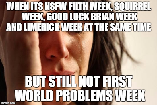 First World Problems Meme | WHEN ITS NSFW FILTH WEEK, SQUIRREL WEEK, GOOD LUCK BRIAN WEEK AND LIMERICK WEEK AT THE SAME TIME; BUT STILL NOT FIRST WORLD PROBLEMS WEEK | image tagged in memes,first world problems | made w/ Imgflip meme maker