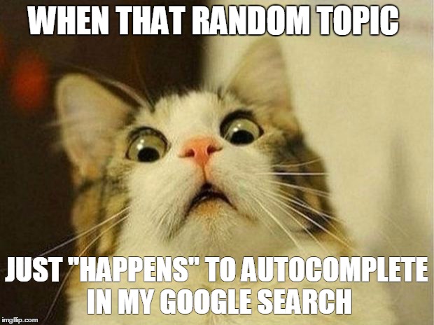 Scared Cat | WHEN THAT RANDOM TOPIC; JUST "HAPPENS" TO AUTOCOMPLETE IN MY GOOGLE SEARCH | image tagged in memes,scared cat | made w/ Imgflip meme maker
