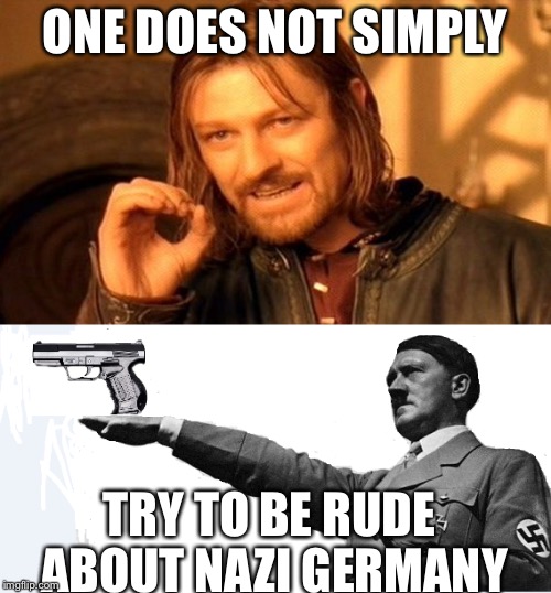 Nazi Offence | ONE DOES NOT SIMPLY; TRY TO BE RUDE ABOUT NAZI GERMANY | image tagged in hitler,guns,gun control,one does not simply,nazi | made w/ Imgflip meme maker