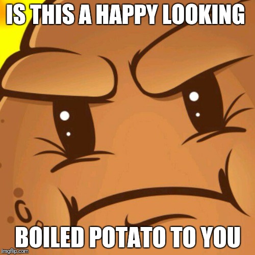 IS THIS A HAPPY LOOKING; BOILED POTATO TO YOU | image tagged in angry potatoa | made w/ Imgflip meme maker