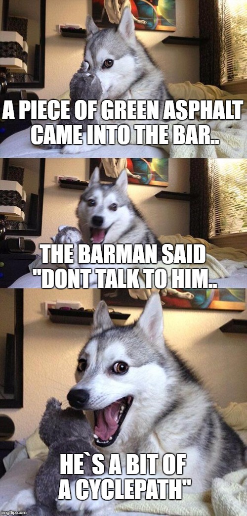 Bad Pun Dog | A PIECE OF GREEN ASPHALT CAME INTO THE BAR.. THE BARMAN SAID "DONT TALK TO HIM.. HE`S A BIT OF A CYCLEPATH" | image tagged in memes,bad pun dog | made w/ Imgflip meme maker