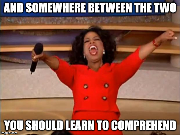 Oprah You Get A Meme | AND SOMEWHERE BETWEEN THE TWO YOU SHOULD LEARN TO COMPREHEND | image tagged in memes,oprah you get a | made w/ Imgflip meme maker