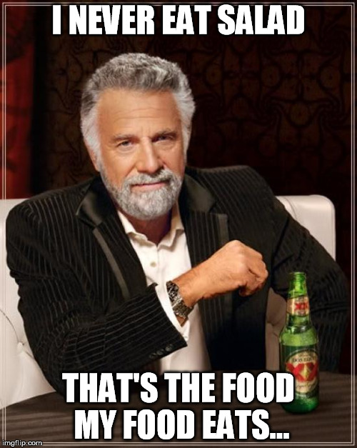 The Most Interesting Man In The World | I NEVER EAT SALAD; THAT'S THE FOOD MY FOOD EATS... | image tagged in memes,the most interesting man in the world | made w/ Imgflip meme maker